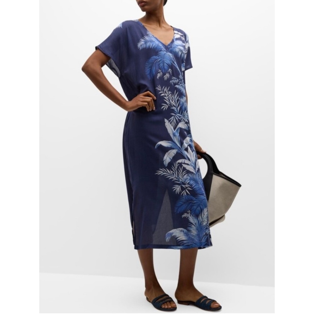 Tommy Bahama Palmera Isle Womens Blue Tropical Palm Print Rayon Maxi Dress L/XL